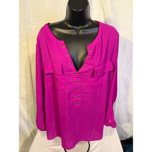 Pink Flowy Dreamy Blouse Top Vneck Metal Grommets Boho Academia Women's 18W 1X